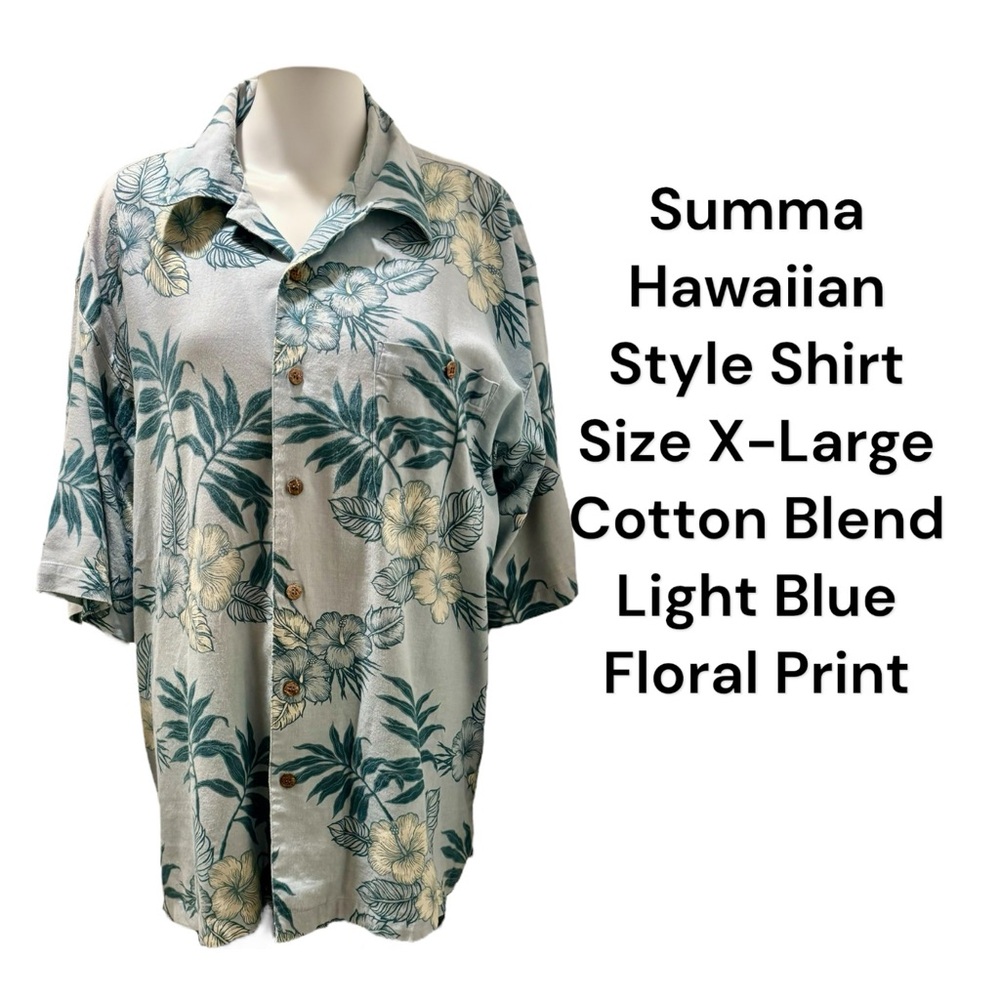 Summa Hawaiian Style Shirt Size X-Large Cotton Blend Light Blue Floral Print